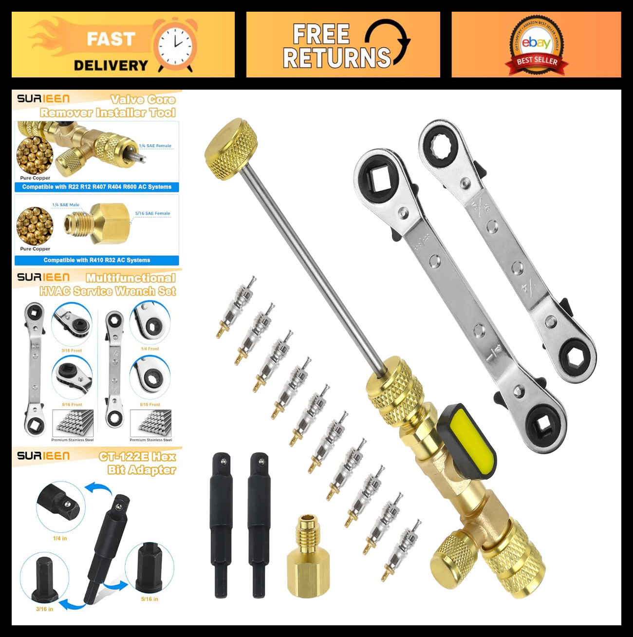 HVAC Valve Core Remover Installer Tool Set | 10pcs with Hex Bit Adapters & Dual