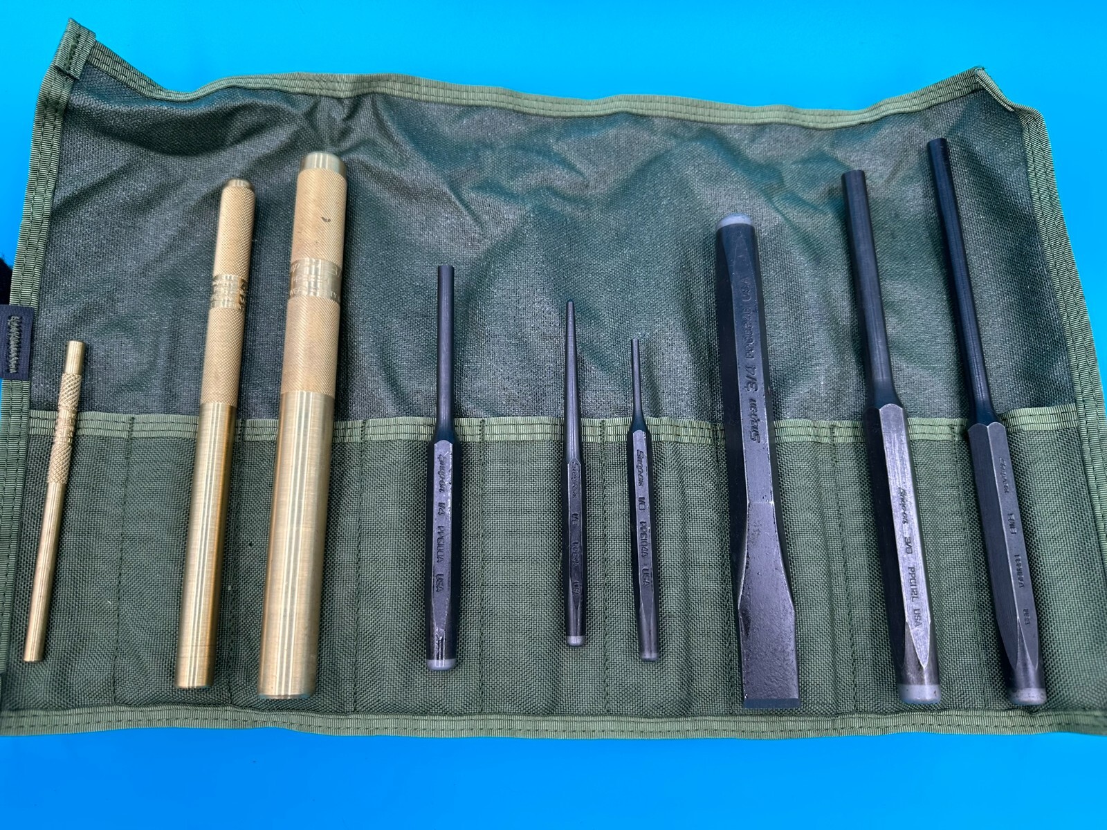 NEW Snap-On Punch & Chisel Set – 9-Piece – Brass Drift Punches – Long Center Pin