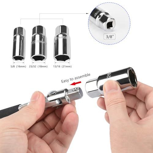 3/8” T-Handle Spark Plug 16/18/21 mm, 4 Pieces Flexible Spark Plug Socket Set,