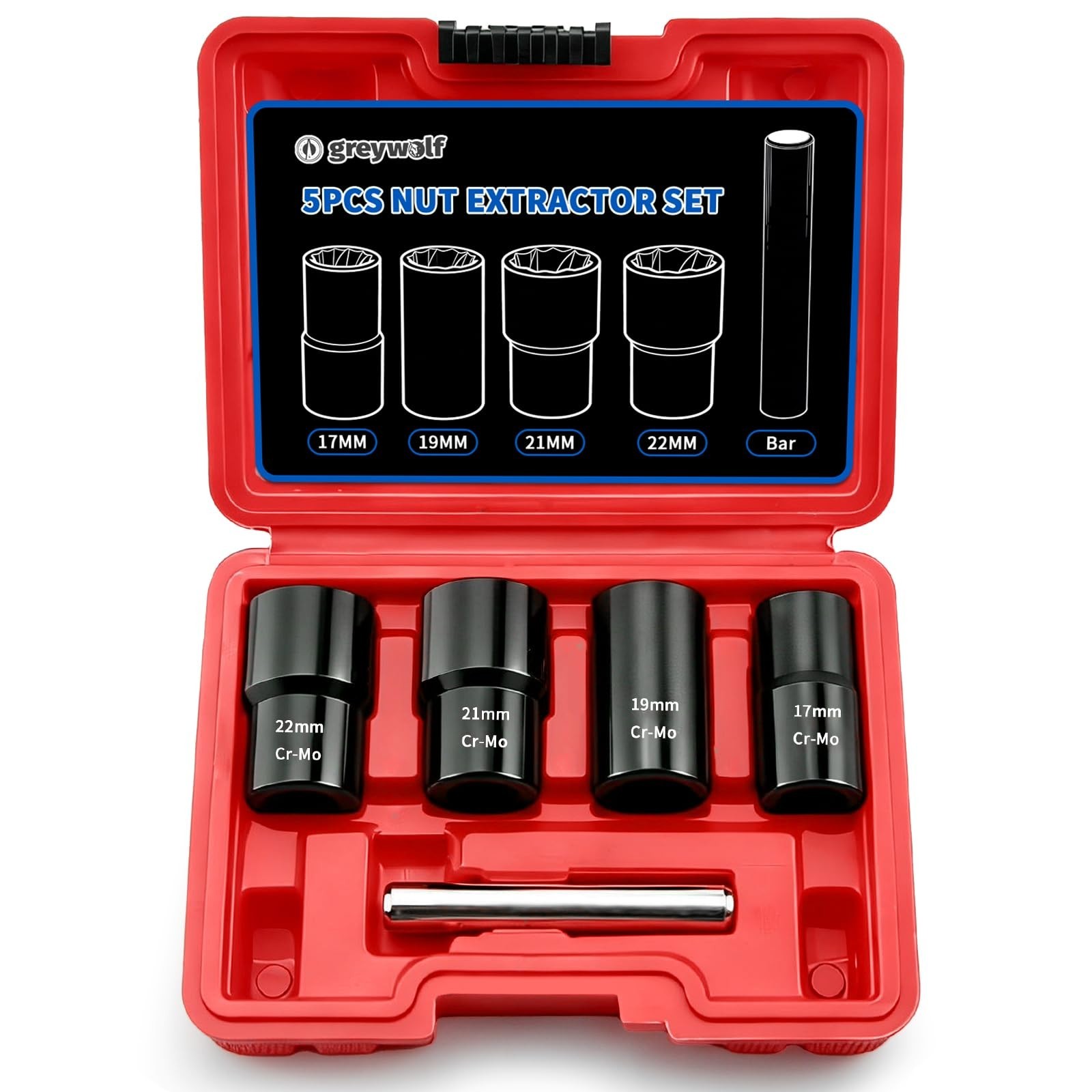 5-Piece Wheel Nut Removal Tool Set, 1/2″ Impact Socket & Bolt Extractor Kit, 17-