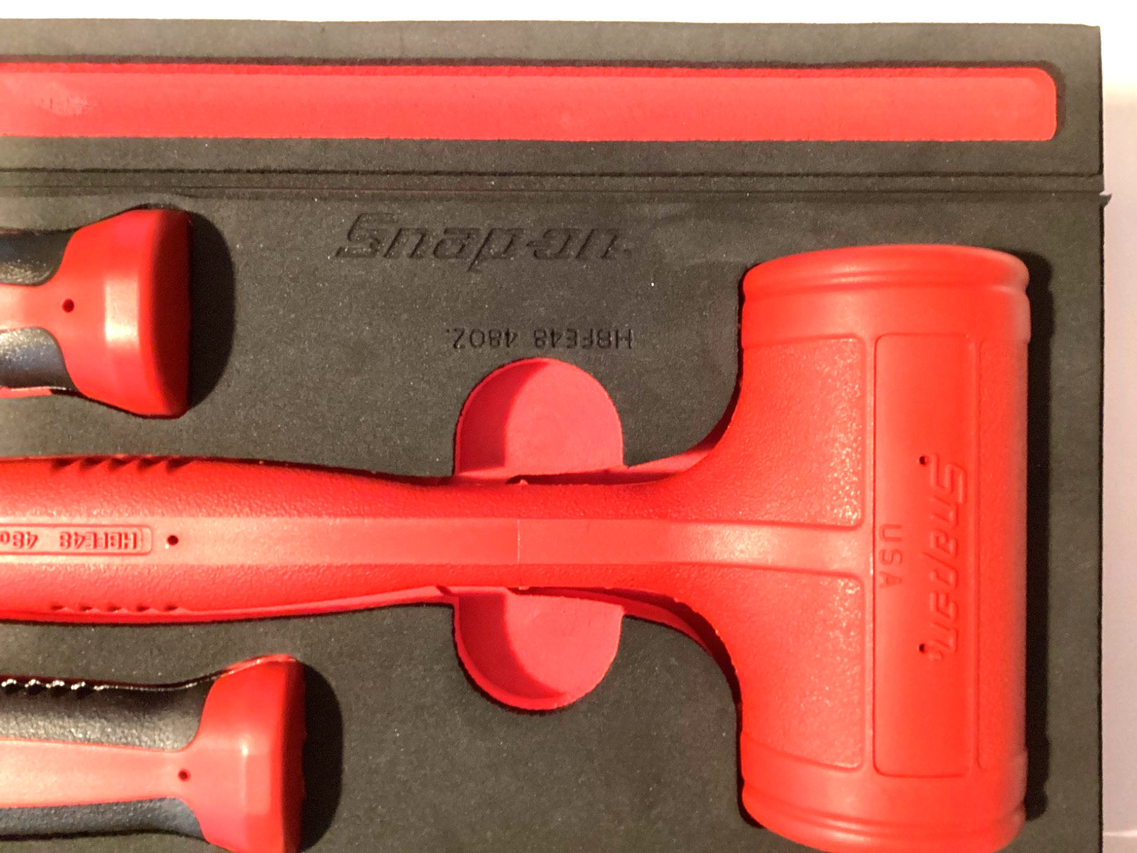Snap On 3 Piece RED Soft Grip Dead Blow Hammer Set With FOAM Tray HBFE302FR NICE