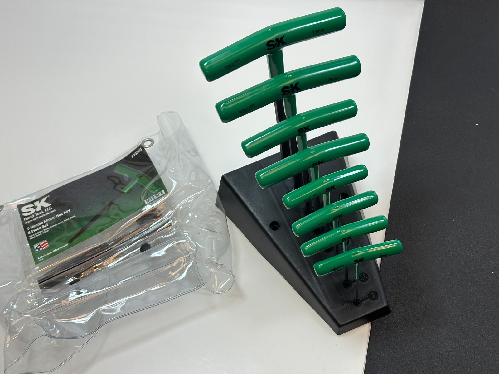 SK Tools USA 73389 8pc Metric 2mm-10mm GREEN T-Handle Hex Key Set w/ Stand NOS