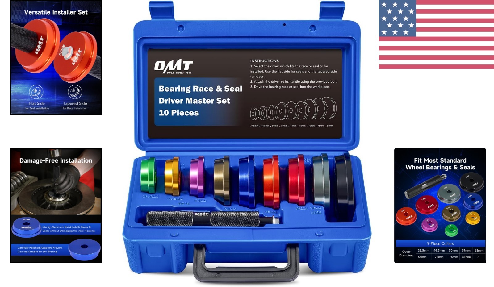 Versatile 10-Pc OMT Bearing Installation Kit with Durable Aluminum Design