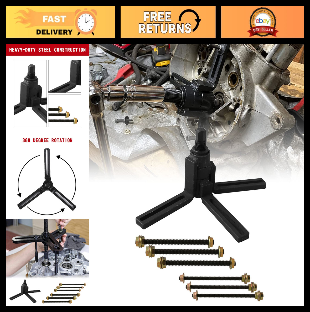 Crankcase Splitter Flywheel Puller Tool for 2/4 Stroke Engines, 360° Rotatable A