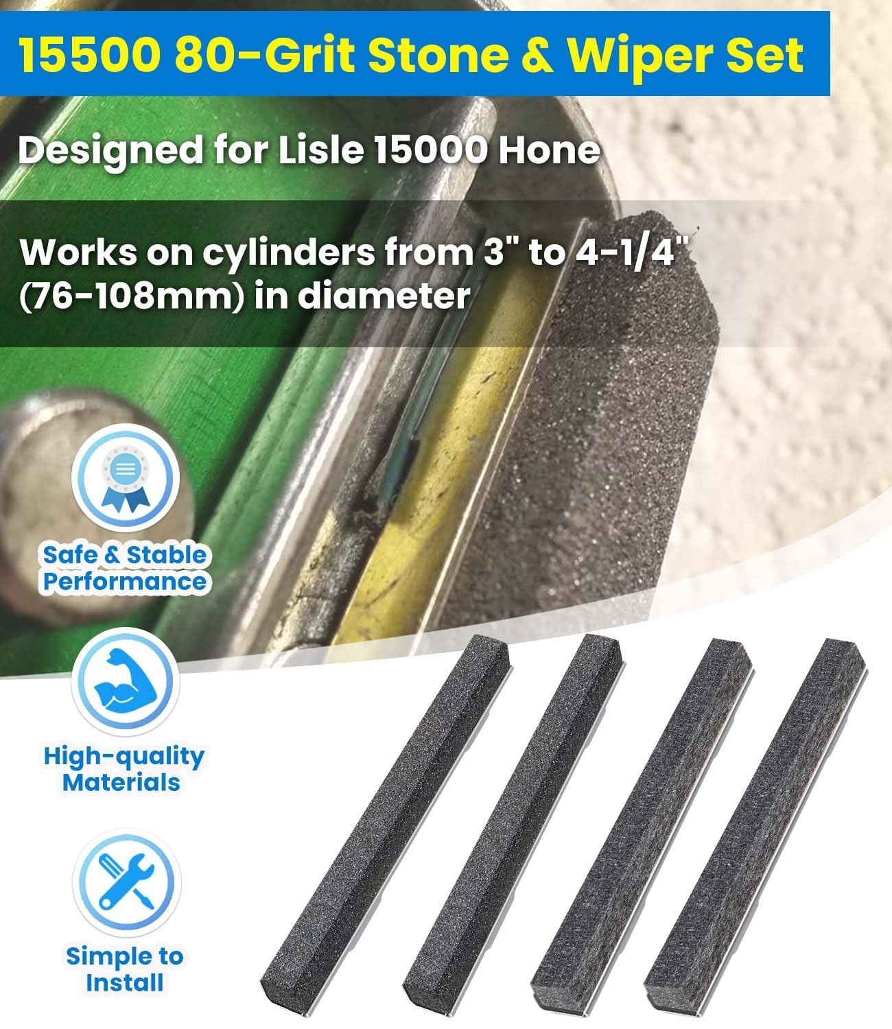 80-Grit Cylinder Hone Replacement Kit – 2 Stones & 2 Wipers for Engine Repair