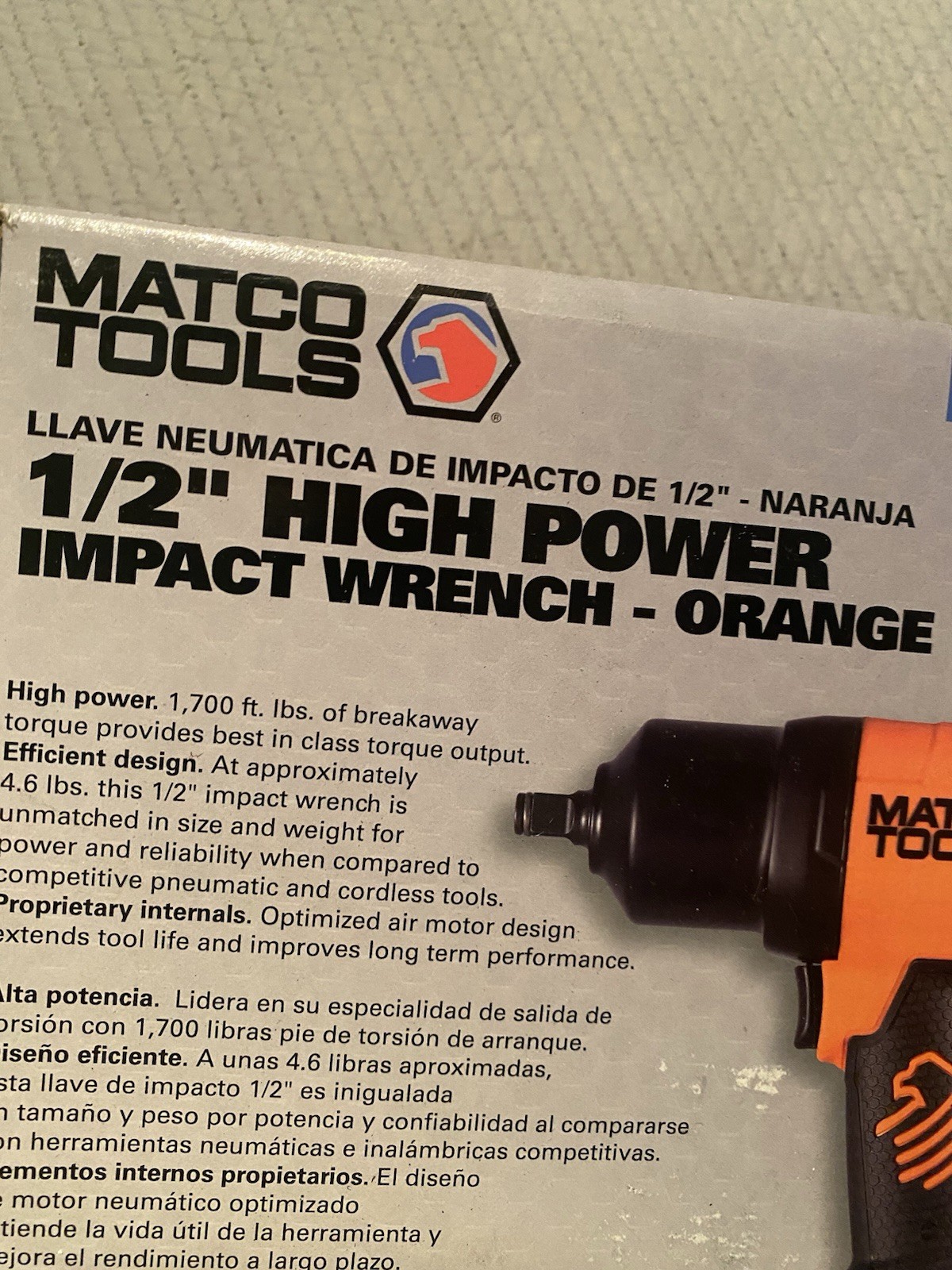 MATCO TOOLS ORANGE 1/2in IMPACT WRENCH #MT3779M