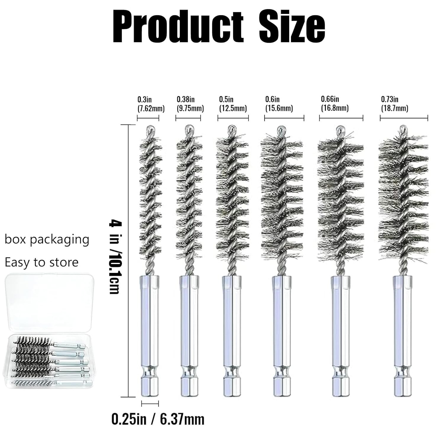 6 Pcs Stainless Steel Bore Brush with 1/4″ Hex Shank Twisted Wire silvery