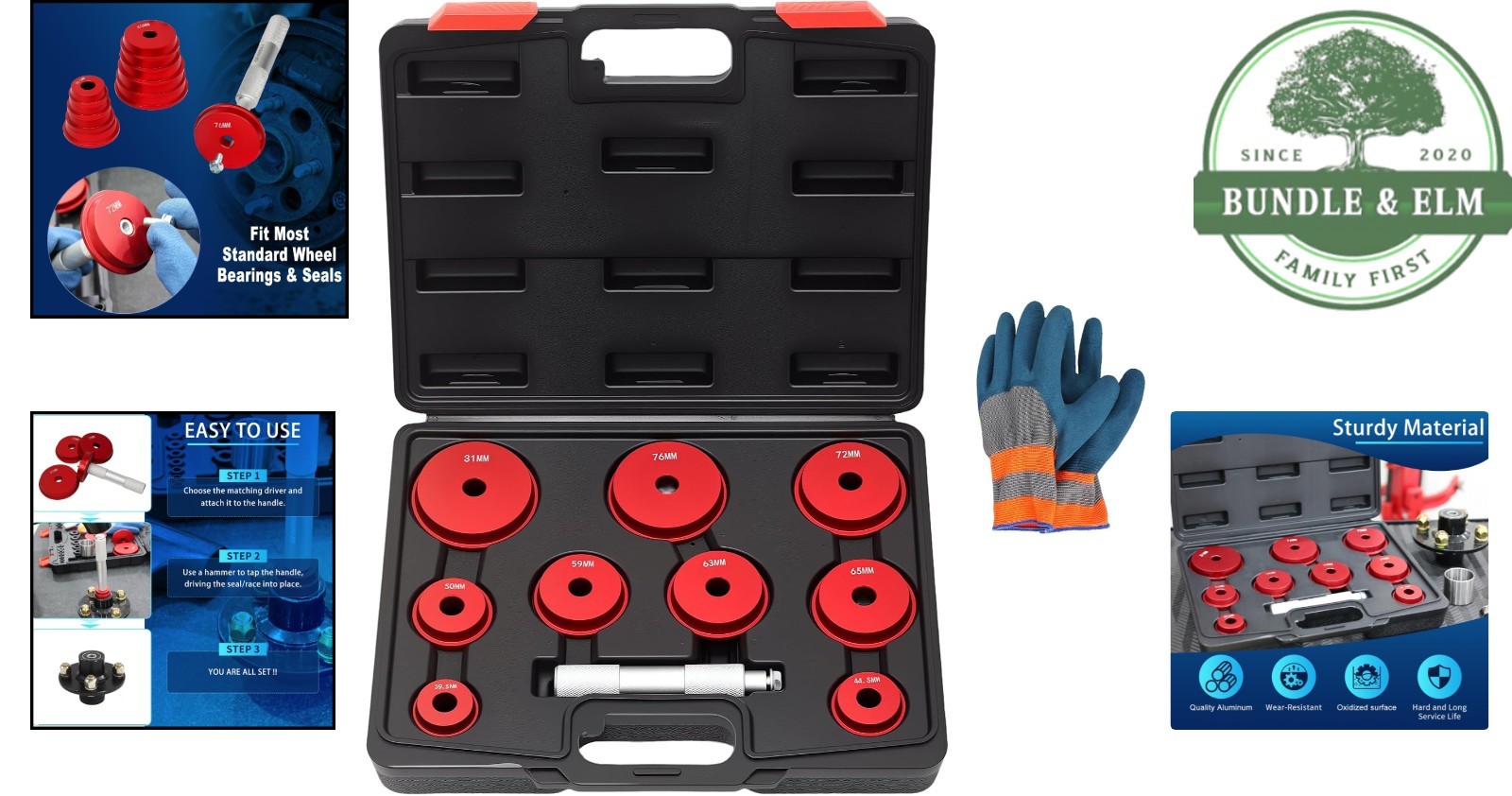 10-Piece Bearing Press Kit with 9 Adapters, Gloves and Storage Case Included