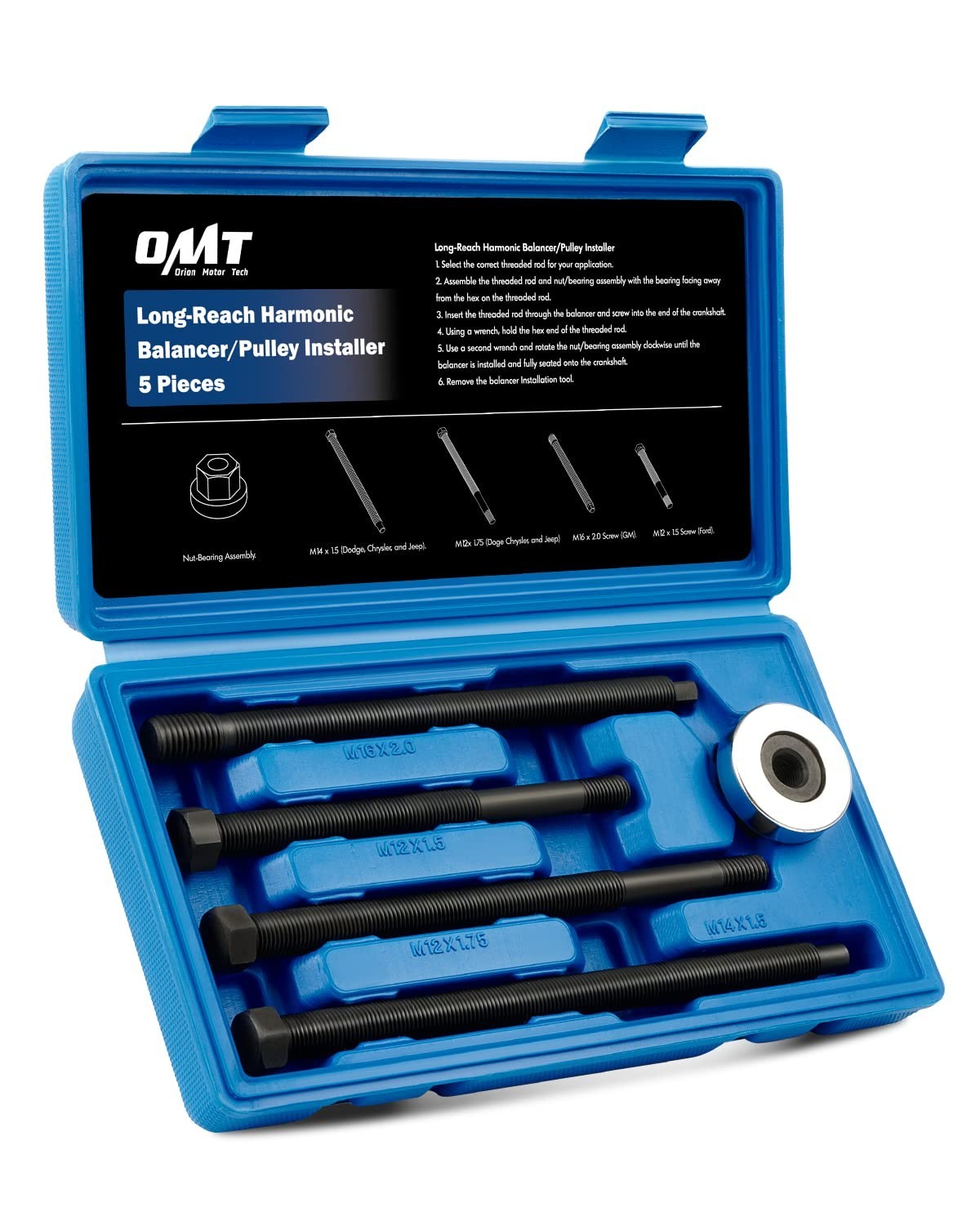 5pc Harmonic Balancer Installer Set | Long Reach Crank Pulley Tool Kit with Adap