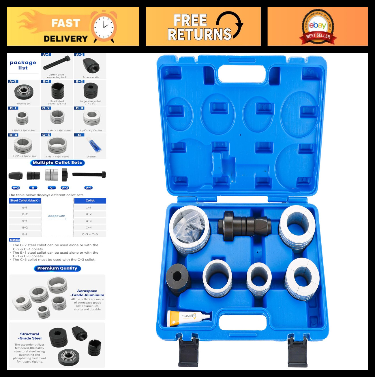 Exhaust Pipe Expander Tool Set – 28mm Muffler Spreader for 1-5/8″ to 4-1/4″ Tail