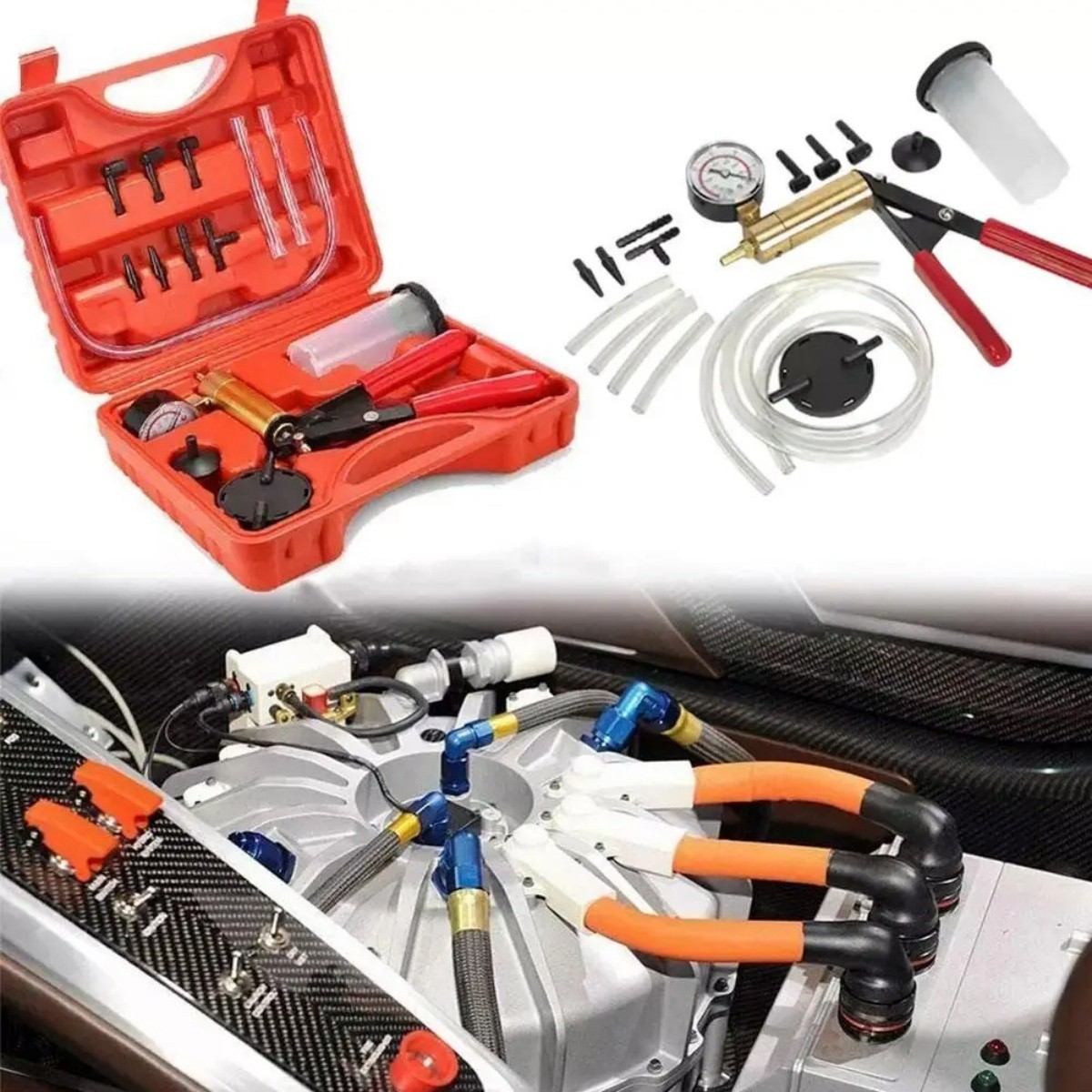 Hand Held Vacuum Pressure Pump Tester Set Brake Fluid Bleeder Bleeding Kit + Box