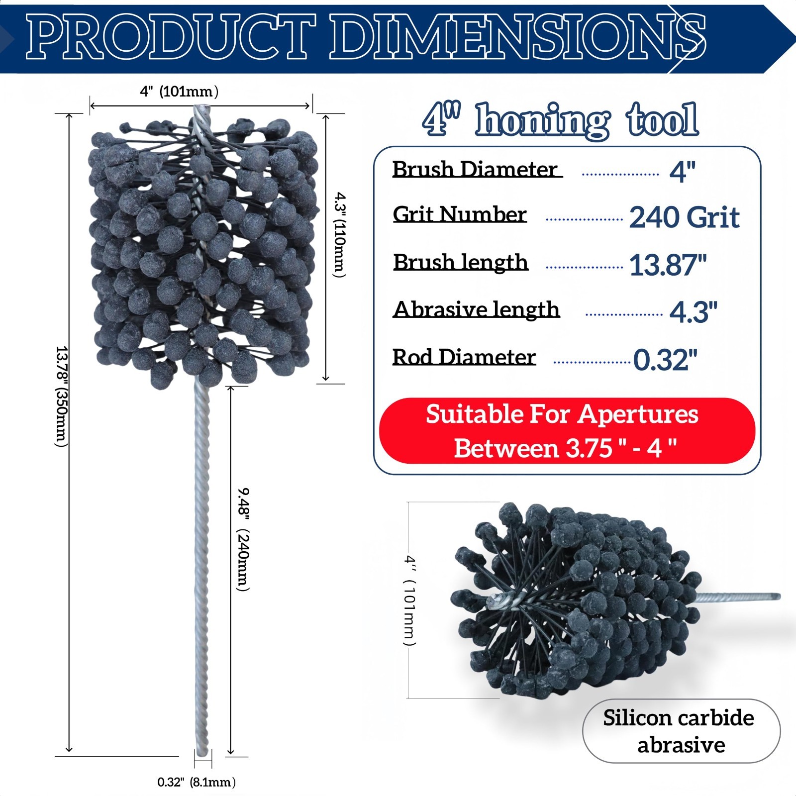 4″ Flexible Cylinder Hone Tool – 240 Grit Silicon Carbide for Engine Cylinder, F