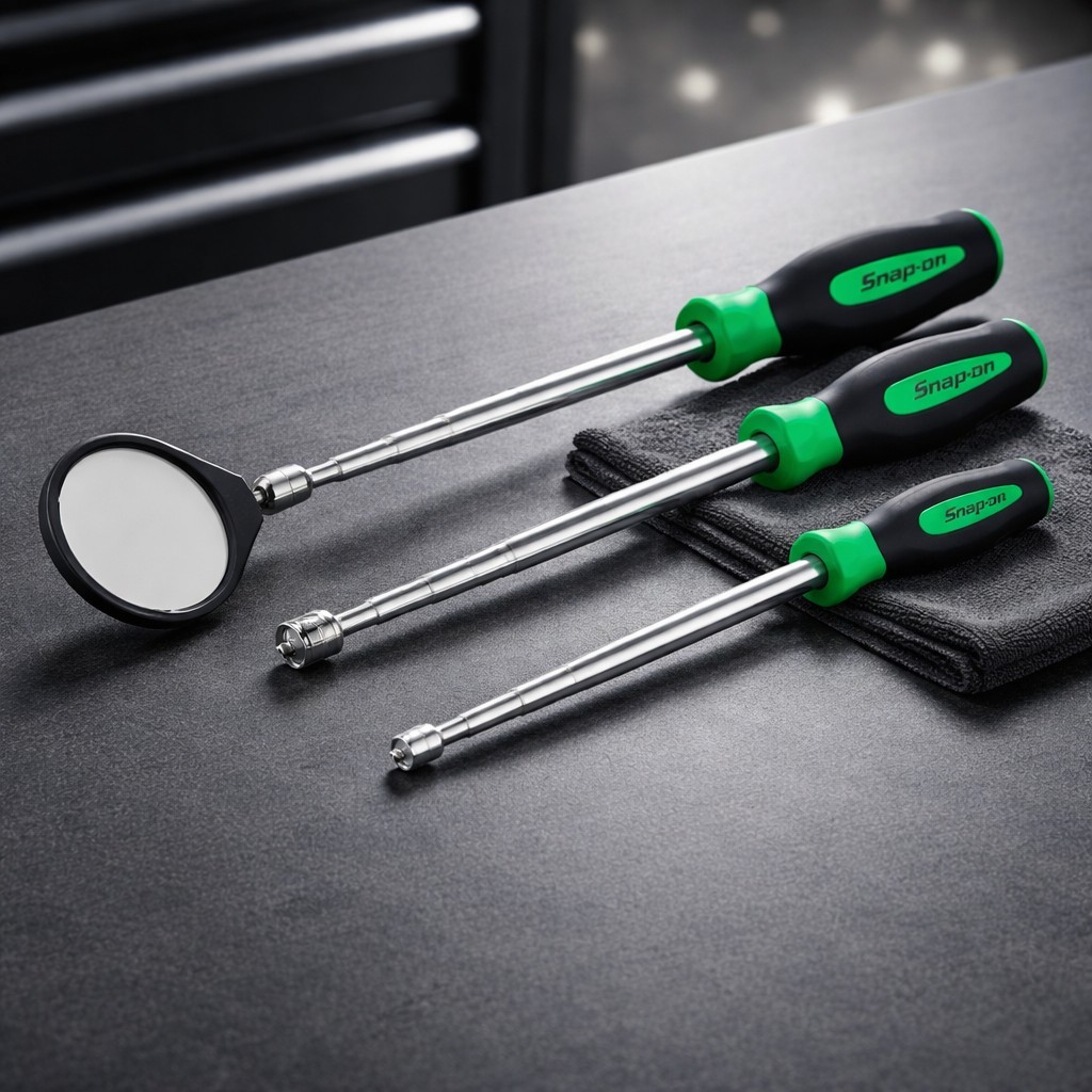 Snap On Tools 3 Pieces Kit 2 Pickup Tools & Flexible Inspection Mirror GREEN !!!