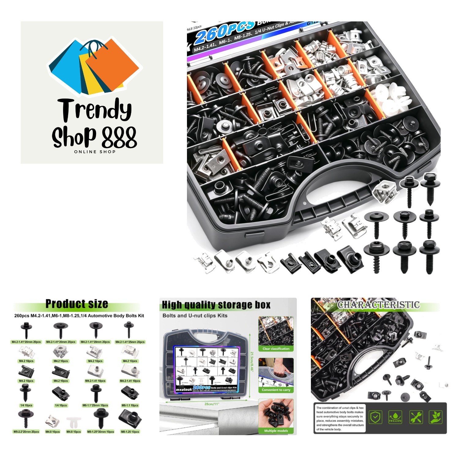 260PCS U-Nut Clips & Automotive Body Fender Bolts Kit,for Most Cars Fender,En…